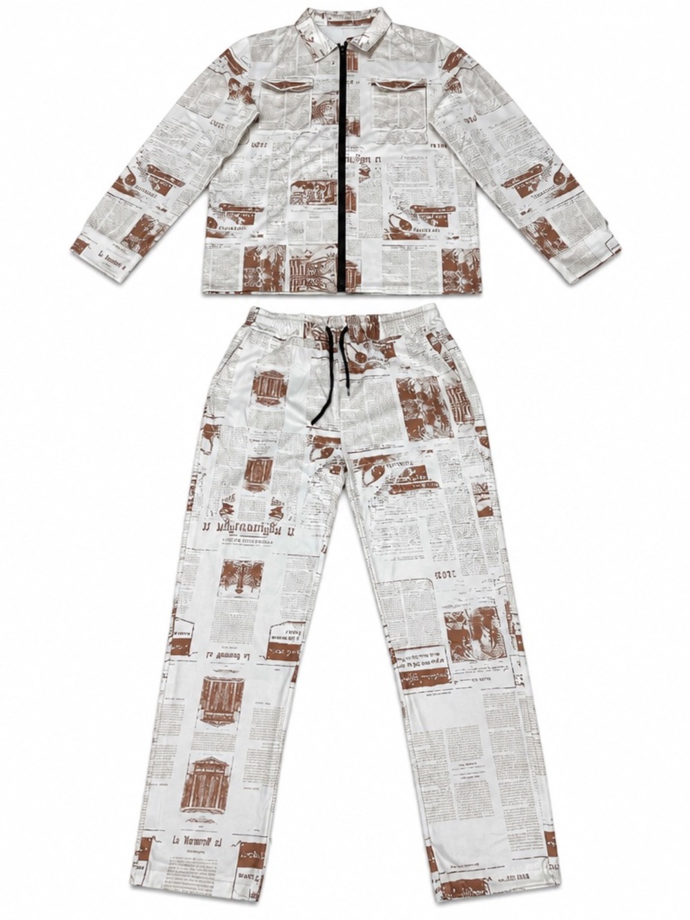 Men’s Lightweight Outfit Set Newspaper Graphic Print White & Brown Size L